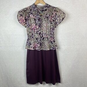 Vintage‎ Handmade Maroon Floral Peplum Dress VTG Sz 10/S/M One Piece Pull On